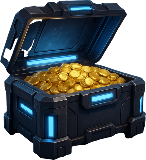 Uzay temalı, içi altın dolu kapağı açık kasa, gerçekçi, 
In-Game asset.  High contrast.  No shadows