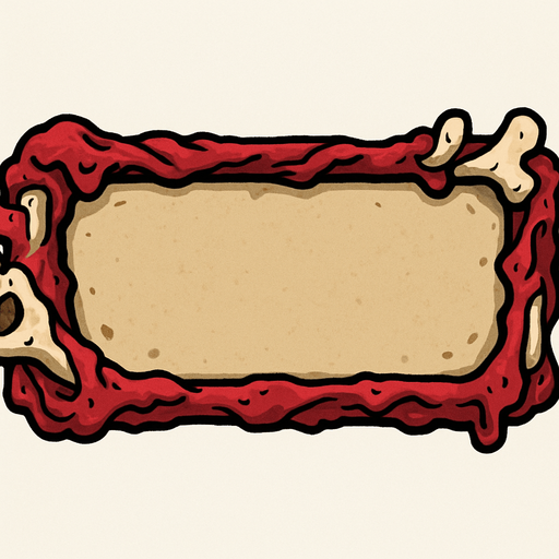 Zombie flesh and bone themed 2D cardboard hollow (without text) horizontal rectangular button..
In-Game asset.  2d.  High contrast.  No shadows
