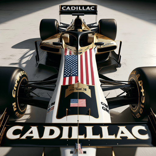 Photorealistic Cadillac F1 race car, top view.
Replace Cadillac text to golden coloured ,,Cadillaic" text on black rear wing.
Big American flag on white body. 
White ,,Andretti" and gm text on black front wing.