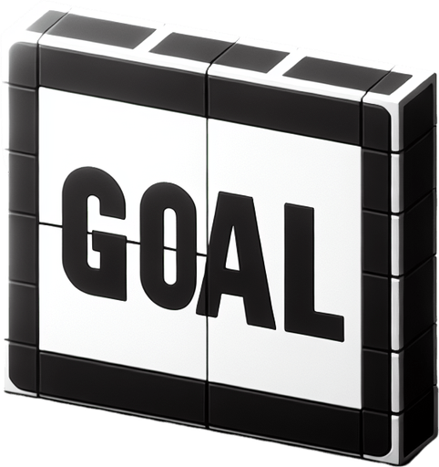 message that reads ''GOAL''. black and white. Single Game Texture. In-Game asset. 2d. Blank background. High contrast. No shadows.
