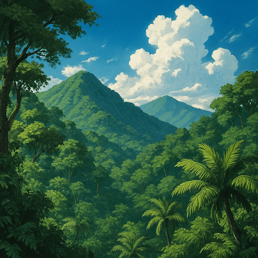 panorame wied gambar hutan tropis pegunungan dan langit biru cerah gaya anime vinland saga