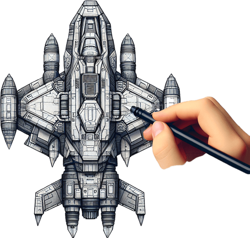 Top view startship.
Single Game Texture. In-Game asset. 2d. Blank background. High contrast. No shadows.
