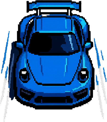 carro azul deportivo con la perspectiva hacia arriba.
In-Game asset.  2d.  High contrast.  No shadows hecho con pixeles acelerando con perspectiva trasera sin el rastro