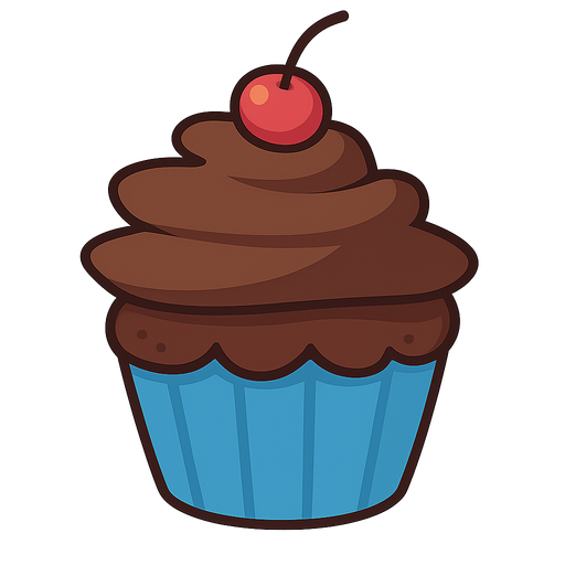 chocolate cupcake, blue detail, cherry. No background. Transparent background. Blank background. No shadows. 2d. In-Game asset. flat