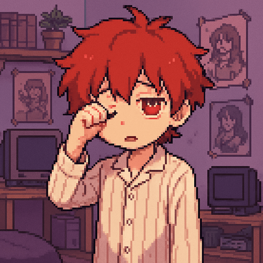A cute, red-haired anime boy, 15 years old, with red eyes. He's in pajamas, looking sleepy, rubbing one eye with his hand. He's in his otaku-style bedroom. The scene is illustrated in Pixel Art style.