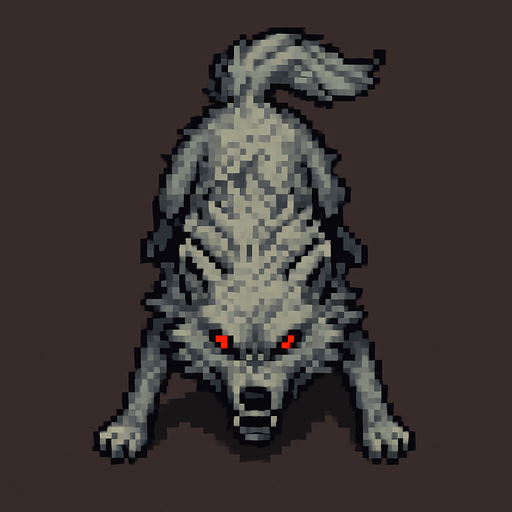 “Top-down 2D pixel art of a light gray wolf with glowing red eyes. The wolf is in an aggressive stance, body low and tense as if ready to pounce or stalking prey. Fur is rough and slightly wind-blown. Viewed directly from above, with visible head, back, legs, and tail. Designed as a game sprite with a hostile and wild appearance.”.
In-Game asset.  2d.  High contrast.  No shadows