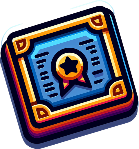 A colorfull horizontal rectangle shaped simple stock certificate icon with a badge and in perspective.
Single Game Texture. In-Game asset. 2d. Blank background. High contrast. No shadows.