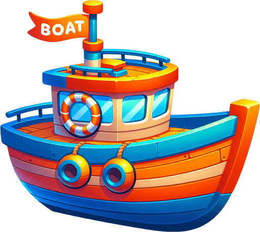 a colorful, cartoon style boat with an orange and blue color scheme. the boat has a small flag on top, round windows and a curved hull , with the BOAT text on it with bold letters. the design is vibrant, playful and optimized for a mobile game.
Single Game Texture.  In-Game asset.  2d.  Blank background.  High contrast.  No shadows