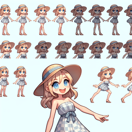 A spritesheet with a number of poses of a happy blond girl with blue eyes wearing a modern sunhat and summer dress, smiling, working, waiting, standing, turning, etc.The spritesheet should be laid out in a rectangular grid with clear space between each individual sprite. Each sprite in the sheet should be around 300x600 pixels in size.
Single Game Texture. In-Game asset. 2d. Blank background. High contrast. No shadows.