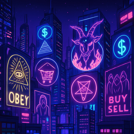 cyberpunk neon anime metropolis skyline corporate holograms billboards, occult-capitalism-consumerism imagery nighttime futuristic architecture glow