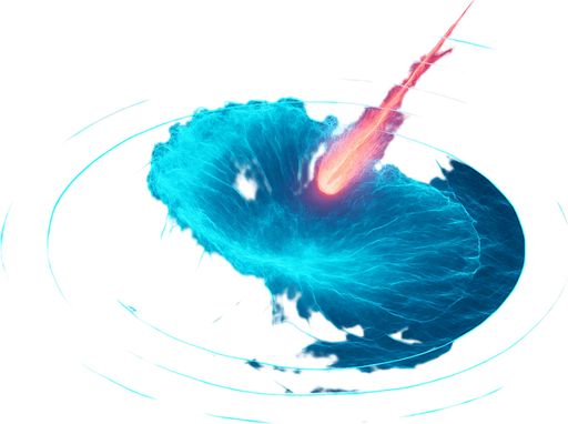 Overhead digital simulation hologram of oceanic meteor impact tsunami wave shockwave radius circle outward crashing neon cyberpunk 3d diagram translucent wave crash hologram neon effect crash