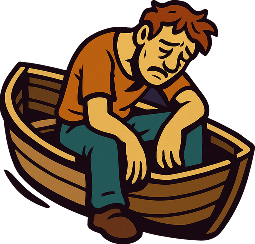 a boat and an exhausted man in it.
In-Game asset.  2d.  High contrast.  No shadows