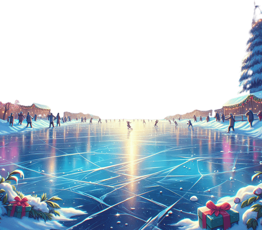 Outdoor empty frozen icy lake, Christmas decorated. View from standing at the middle of the lake looking towards shore. Cartoon. Middle of rink view.