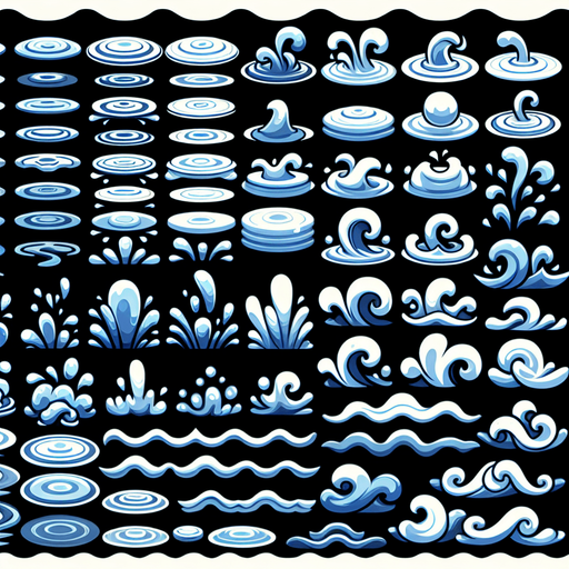A sprite sheet of different water ripples.
Single Game Texture. In-Game asset. 2d. Blank background. High contrast. No shadows.