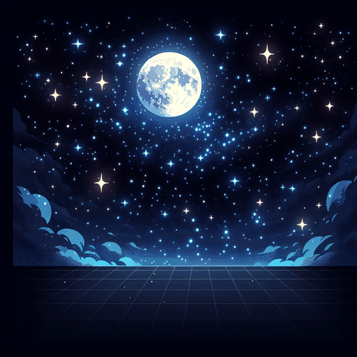 create a sky with moon and starts.
Single Game Texture.  In-Game asset.  2d.  Blank background.  High contrast.  No shadows