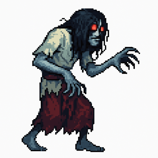 Create a pixel-art monster character inspired by Turkish folklore, specifically "Gulyabani" – a tall, lanky, ghostly creature with pale, bluish-gray skin, long tangled hair covering parts of its face, and glowing red eyes. It should wear torn Ottoman-style rags, with long sharp fingers and a hunched back. Its movement should look floaty and eerie. Style should match 2D retro horror games. Transparent background PNG, facing left side, idle stance..
In-Game asset.  2d.  High contrast.  No shadows