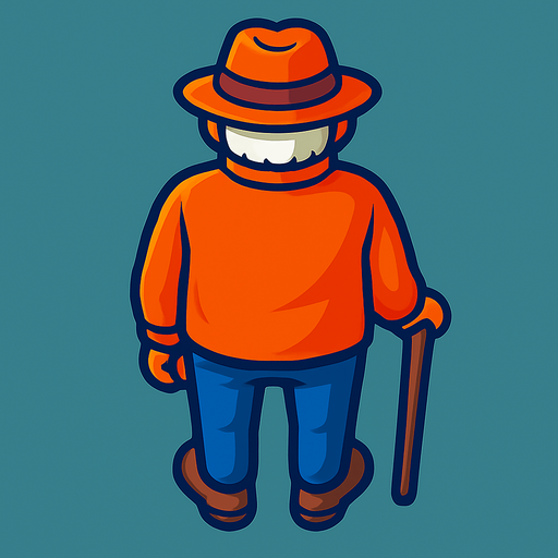 An old man with a cane and hat. Still facing straight forward with back facing straight down.