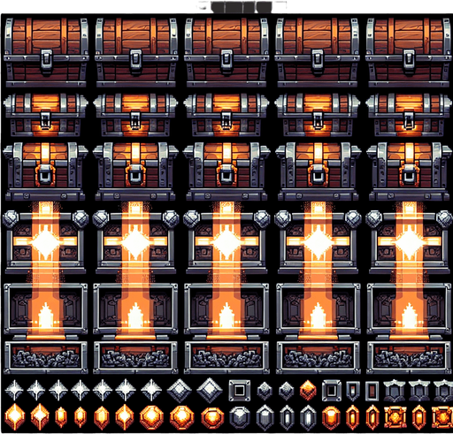 Create a sprite sheet featuring various components of a open chest, incorporating dungeon design elements. The design should include top-down views of dungeon chest. Each part should be distinct, with a cohesive color scheme of wood upholstery, dark orange and silver, accented by glowing lights for a fantasy look. The style should be detailed pixel art, reminiscent of classic 32-bit era video games, with glowing lights serving as style guides. Arrange the components on a dark background, with each part neatly aligned in rows and columns for easy identification and use in game development..
Single Game Texture. In-Game asset. 2d. Blank background. High contrast. No shadows.