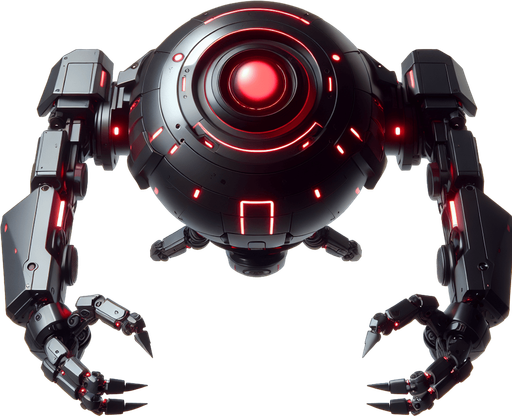 Overhead view. A hovering robot with a tapered midsection with two bulky arms with claw like hands and a giant red “eye” on top of its body. Looking straight down. Cyberpunk, black with red glowing highlights..
Single Game Texture. In-Game asset. 2d. Blank background. High contrast. No shadows.
