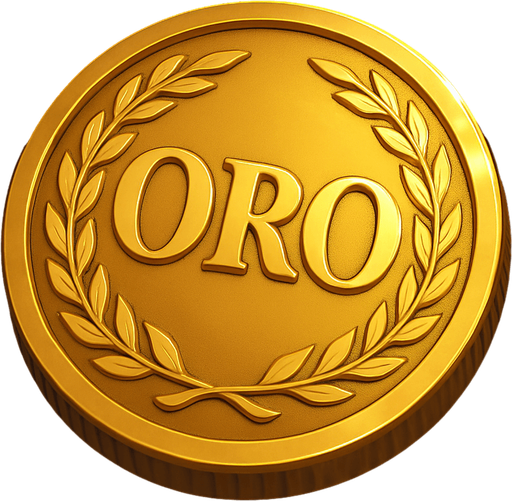 High-resolution digital illustration of a single gold coin lying flat, embossed in the center with the word ‘ORO’ in bold, elegant capital letters. The coin features a finely detailed rim pattern (e.g. laurel wreath or rope motif), a polished metallic surface with realistic reflections and highlights, and a slight bevel on the edges. Dramatic side lighting casts soft shadows, set against a dark gradient background for contrast. Rendered in a semi-realistic 3D style.
In-Game asset.  2d.  High contrast.  No shadows