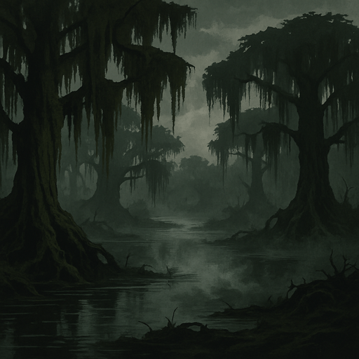 A gloomy medieval swamp with moss-draped trees, murky water reflecting a grey sky, eerie fog drifting over twisted roots, dark fantasy mood, realistic.
In-Game asset.  2d.  High contrast.  No shadows