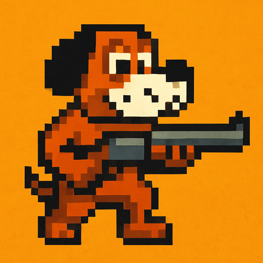 pixart hunting brown dog with black ears and white mouth holding a gun.
In-Game asset.  2d.  High contrast.  No shadows