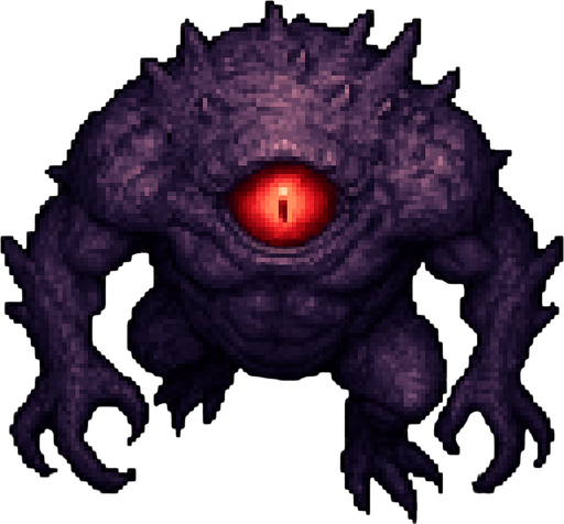 “Top-down 2D pixel art of a massive purple monster with a single glowing red eye. The creature has a deformed, muscular body, rough light purple skin with spikes or scales, and a monstrous, intimidating stance. Its eye is large and central, glowing intensely with a sinister aura. Clawed hands or tentacles may be emerging from its body. Designed as a high-quality game sprite for a dark fantasy or horror-themed pixel art game.”