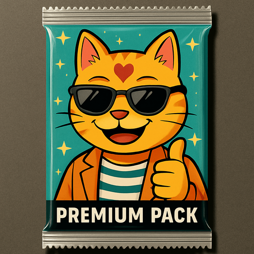 The orange cat from this picture looking straight forwards and smiling, holding out a thumbs up and looking over a pair of sunglasses on the front of a booster pack of collectible cards in plastic and seen from the front. The words “Premium Pack” on the pack underneath the picture. The plastic on the pack has stars on it.