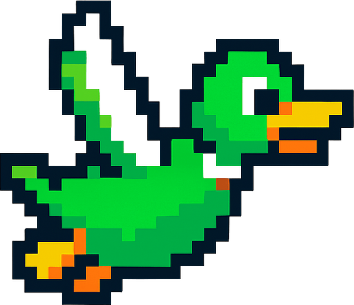 pixart green duck flying.
In-Game asset.  2d.  High contrast.  No shadows