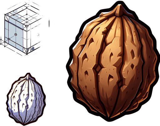 iron walnut, side view, cartoon.
Single Game Texture. In-Game asset. 2d. Blank background. High contrast. No shadows.