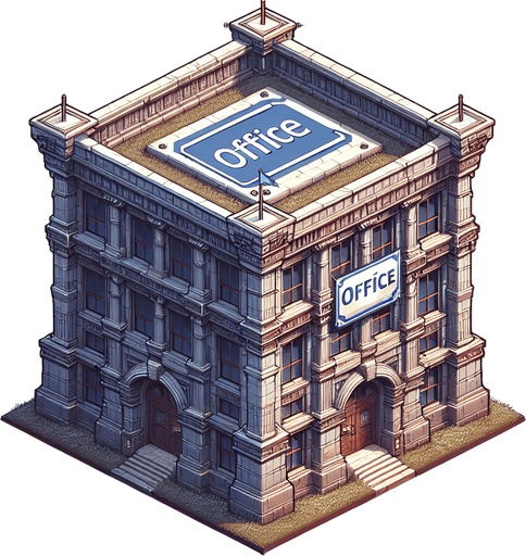 A square building having a banner where we can change name of aur office.
Single Game Texture. In-Game asset. 2d. Blank background. High contrast. No shadows.