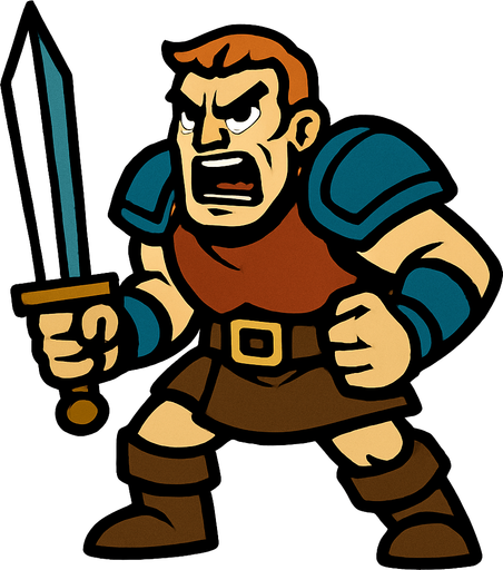 Angry warrior holding a sword.
In-Game asset.  2d.  High contrast.  No shadows