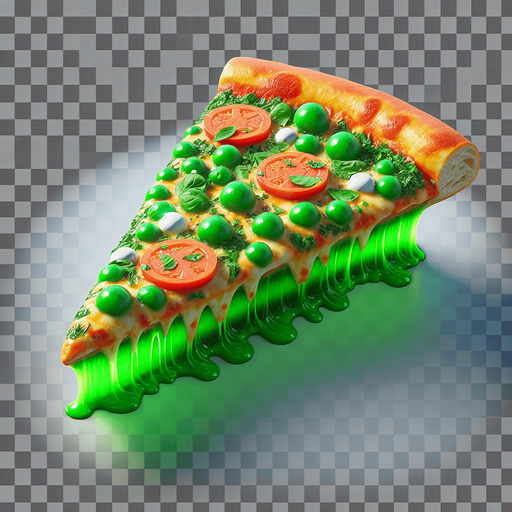 a slice of pizza on a transparent background, predominantly green. Slice of pizza.
Single Game Texture. In-Game asset. 2d. Blank background. High contrast. No shadows.