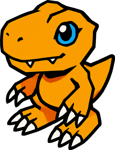 Agumon viendo a la derecha, perspectiva isometrica.
In-Game asset.  2d.  High contrast.  No shadows