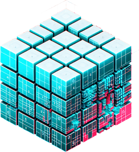 Design an isometric 3D holographic cube resembling a Rubik's cube. The cube should display the top face and two adjacent side faces, each divided into a 3x3 grid of cells. Each cell must contain either a '1' or a '0' in a glowing cyan-blue monospace font, visible on all three faces. A few specific cells across the cube should stand out with their binary digits ('1' or '0') highlighted in bright red.

To indicate corruption, overlay the cube with subtle glitch effects, such as flickering segments, static noise, and distorted gridlines. Add a small glowing text label floating near the cube that reads 'CORRUPTED' in bold red, with a slight flicker or distortion to enhance the corrupted feel. Ensure the cube retains its holographic aesthetic with a soft cyan glow, suspended in mid-air, projecting from a base below with ambient lighting and sci-fi effects.
Single Game Texture. In-Game asset. 2d. Blank background. High contrast. No shadows.