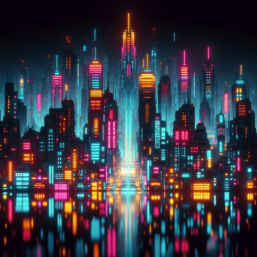 2d front view of a neon city  in the art style of a neon cyberpunk world.
Single Game Texture. In-Game asset. 2d. Blank background. High contrast. No shadows.