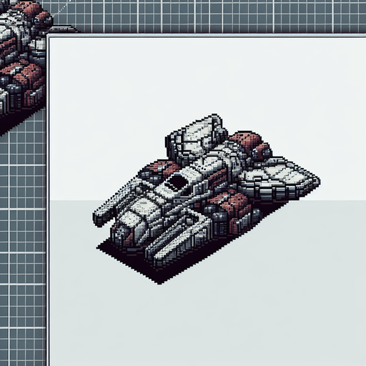 A spaceship, pixelated Single Game Texture. In-Game asset. 2d. Blank background. High contrast. No shadows.