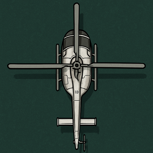 Helicopter image from upsite for 2d rpg game, color of helicopter is silver.
In-Game asset.  2d.  High contrast.  No shadows