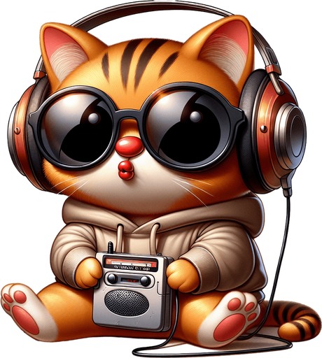 The character in the image transforms into a music-loving cat, retaining its cartoon-style appearance as an orange tabby with distinctive stripes. This cat's round face is now partially obscured by a large set of headphones, resting snugly over its big black eyes, which peek out just below oversized, round, dark opaque sunglasses. The headphones connect to a classic walkman, cradled in its paw, showcasing the cat's love for retro music vibes. Despite its prominent, exaggerated red pout shaped like a duck's bill, the cat seems even more relaxed and content as it loses itself in the melodies. Its body, smaller in proportion to its head, accentuates its adorable, chubby look, further emphasized by its simple, light-colored hoodie with a drawstring. Sitting with paws in front and a walkman in hand, the cat's relaxed posture now takes on a rhythm of its own, embodying the blissful escapism found in music. This updated portrayal, merging playful charm with a passion for tunes, perfectly suits a mascot for music education apps or as a delightful character in children's stories about the joy and universal language of music..
Single Game Texture. In-Game asset. 2d. Blank background. High contrast. No shadows.