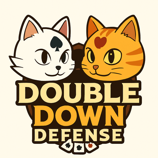 Incorporate these two cats heads into a game logo for a poker based tower defense that includes the name “Double Down Defense”. Put their heads offset on either side with eyes open and looking at the logo.