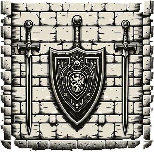brick wall with shield and swords hanging in the middle of it..
Single Game Texture.  In-Game asset.  2d.  Blank background.  High contrast.  No shadows