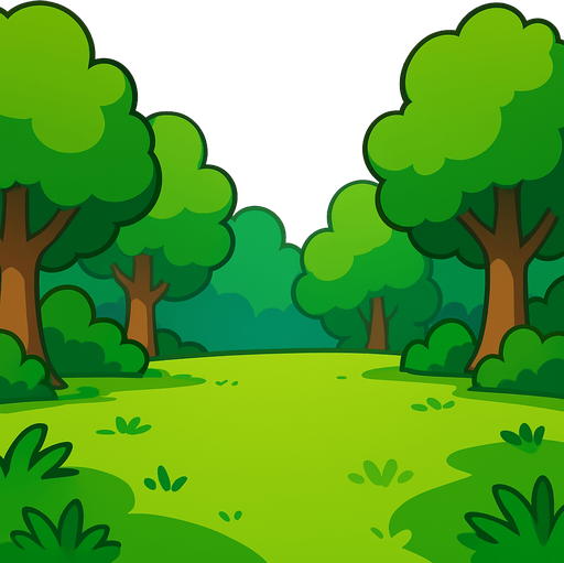 a cartoon style 3d image of a green meadow with trees on the edges and a clearing in the middle..
In-Game asset.  2d.  High contrast.  No shadows