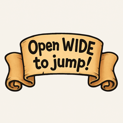 A simple wide hand-drawn symmetrical ribbon banners. The banner text reads “Open WIDE to jump!” in playful, cartoonish black lettering. The ribbon is warm beige parchment. Each side ends with simple curved, scroll-like ribbon.
Single Game Texture.  In-Game asset.  2d.  Blank background.  High contrast.  No shadows.