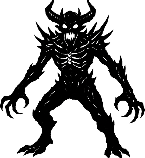 Imagien bde un jefe terrorífico humanoide de color negro.
In-Game asset.  2d.  High contrast.  No shadows