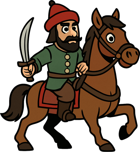 Animasyon çizgi dizi tarzında bir At üstünde bir Osmanlı süvarisi.
In-Game asset.  2d.  High contrast.  No shadows