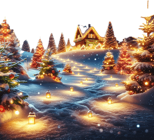 a landscape with santa's house on the left, pines with chistmas lights, snow, at night Background image. 2d. High contrast.