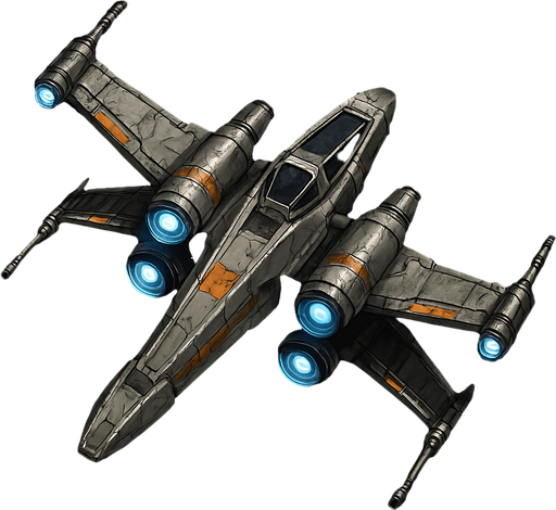 A detailed top-down view of a futuristic sci-fi starfighter inspired by classic space opera aesthetics. The ship has an X-shaped wing configuration with sleek, metallic surfaces, engine nacelles on each wingtip, and a compact central cockpit. The design features weathered textures, battle scars, and glowing blue thrusters. The wings are equipped with small laser cannons at the ends. The background is deep space with stars and a distant nebula. The ship appears to be flying or hovering, with subtle lighting and shadows to enhance depth. Highly detailed, concept art style, 4K resolution. Original and copyright-safe, inspired by retro starfighter designs..
In-Game asset.  2d.  High contrast.  No shadows