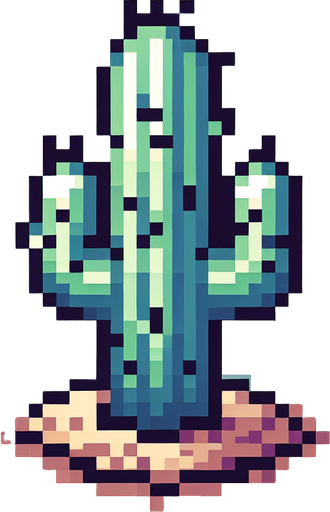 Pixelated cactus seen from above.
Single Game Texture.  In-Game asset.  2d.  Blank background.  High contrast.  No shadows