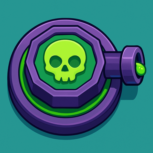 Crea la Torre Poison en un estilo 2D renderizado, limpio y cartoonish, con contornos claros y definidos, colores vibrantes con transiciones suaves, y sombreado que da volumen a sus superficies superiores.
La perspectiva debe ser VISTA CENITAL (totalmente desde arriba). Esto significa que la torre se verá como si estuviera siendo observada directamente desde arriba, con los detalles de su parte superior siendo prominentes.
La base de la torre debe ser circular para permitir un movimiento de cañón cómodo. La salida del veneno o el cañón debe apuntar hacia la DERECHA.
La torre debe tener un perfil bajo y la menor cantidad de relieve vertical posible para facilitar una rotación fluida en la animación..
In-Game asset.  2d.  High contrast.  No shadows