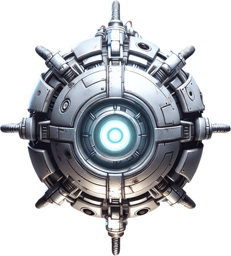 Top-down view of a floating mechanical robot with a circular body. Thin, robotic arms extend outward, metallic and glowing. The head is small with glowing eyes. Strictly top-down view, no perspective or angle. Clean and detailed for 2D gameplay.
Single Game Texture. In-Game asset. Top-down view. No shadows. 2D style. High contrast. Blank background.